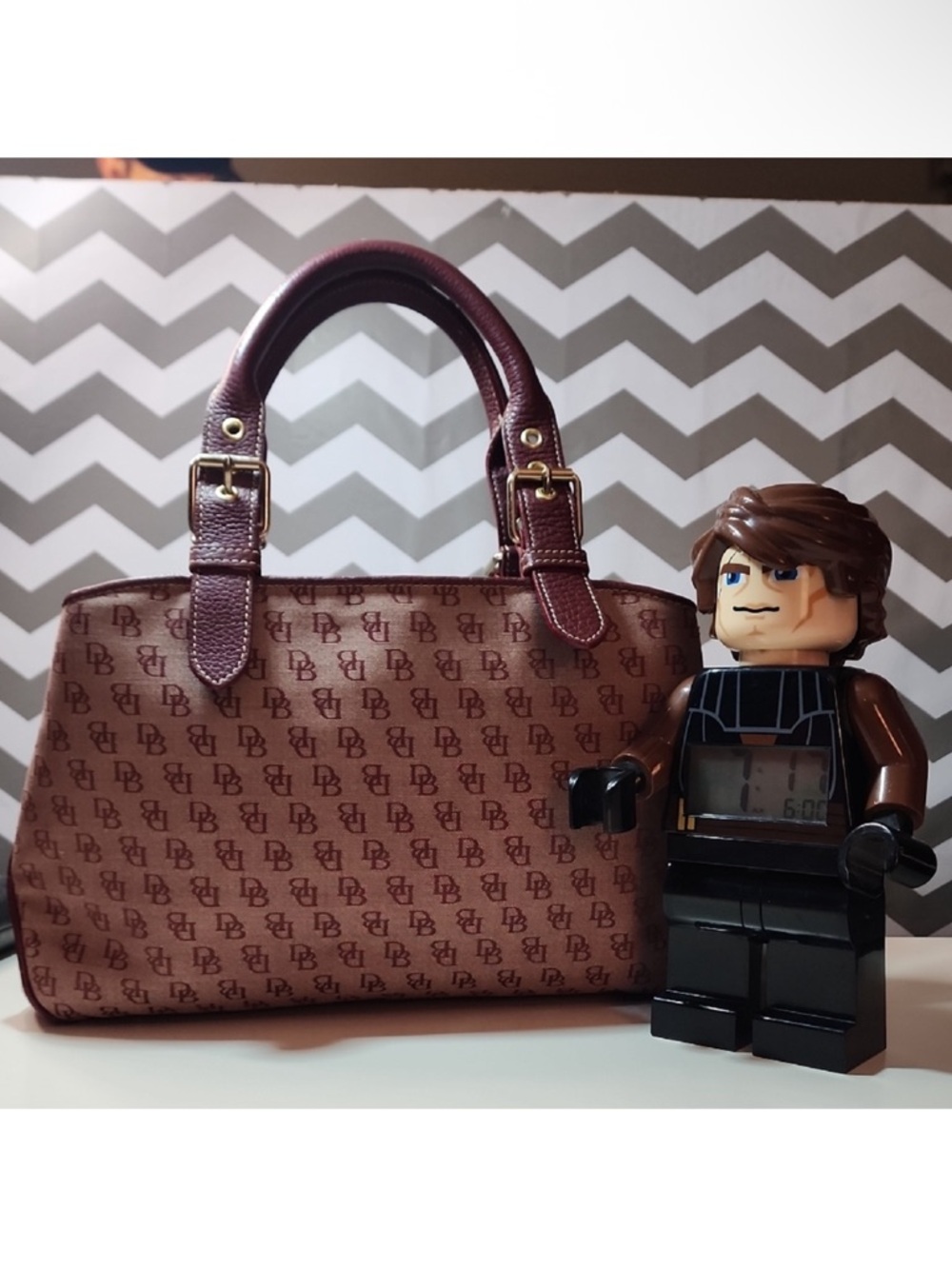 Dooney & Bourke Pink Monogram Satchel with Burgundy Trim
